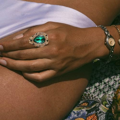 HZMAN Natural Stone Statement Ring for Women, Crystal Paved Bold Cocktail Ring, Adjustable Gold Tone Fashion Jewelry - color: Teardrop Emerald Cut Green