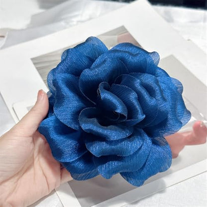 Flash Camellia Flower Brooch Pin for Women Men Elegant Texture Fabric Dahlia Rose Floral Brooches Lapel Pins Dainty Wedding Holiday Party Costume Dress Accessories Jewelry - color: Navy