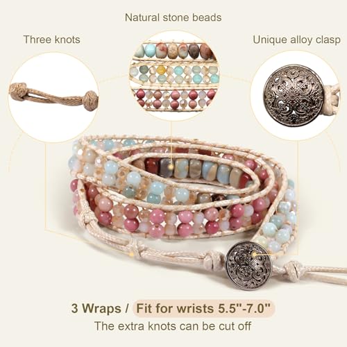 JR.DM Boho Beaded Bracelets for Women - Handmade Adjustable Crystal Natural Stone Bead Wrap Bracelets, Bohemian Jewelry Braided for Unique Birthday Gifts - color: A3 Khaki Natural Stone