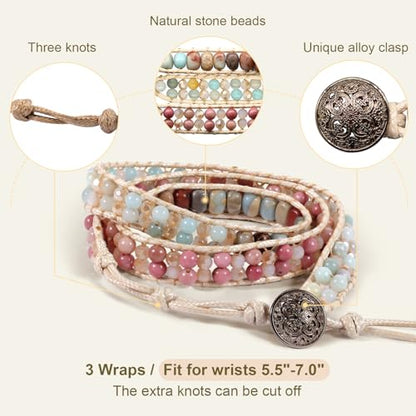 JR.DM Boho Beaded Bracelets for Women - Handmade Adjustable Crystal Natural Stone Bead Wrap Bracelets, Bohemian Jewelry Braided for Unique Birthday Gifts - color: A3 Khaki Natural Stone