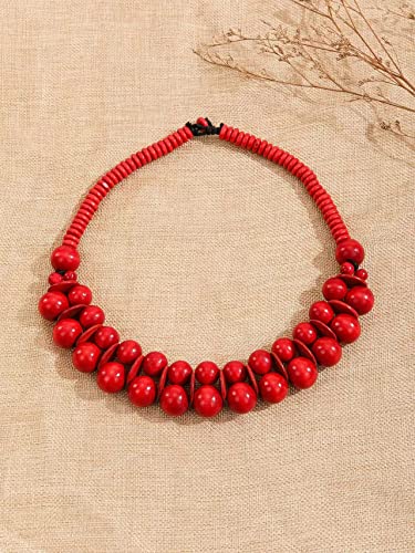 COLORFUL BLING Ethnic Large Chunky Wooden Beaded Necklaces Boho African Statement Necklace Handmade Tribal Collar Choker Bib Jewelry - color: joint red