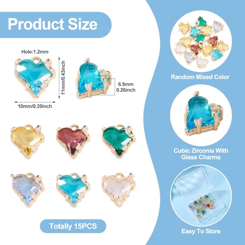 Beadthoven 15pcs Brass Micro Pave Cubic Zirconia Heart Charms Glass Crystal Love Heart Dangle Charms Colorful Faceted Rhinestone Pendants for Valentine’s Day DIY Necklace Bracelet Jewelry Making - color: Faceted Heart