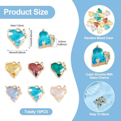 Beadthoven 15pcs Brass Micro Pave Cubic Zirconia Heart Charms Glass Crystal Love Heart Dangle Charms Colorful Faceted Rhinestone Pendants for Valentine’s Day DIY Necklace Bracelet Jewelry Making - color: Faceted Heart