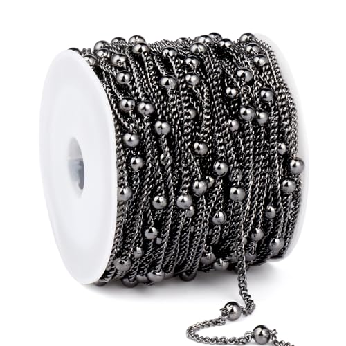 33FT 2mm Gunmetal Black Satellite Bead Chains Roll Bulk for Jewelry Making | 304 Stainless Steel Black Ball Beaded Twisted Curb Link Chains Spool for DIY Craft - color: Black Big Beads Satellite Curb Chain