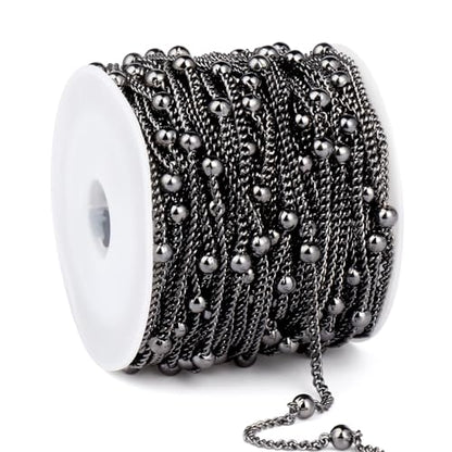 33FT 2mm Gunmetal Black Satellite Bead Chains Roll Bulk for Jewelry Making | 304 Stainless Steel Black Ball Beaded Twisted Curb Link Chains Spool for DIY Craft - color: Black Big Beads Satellite Curb Chain