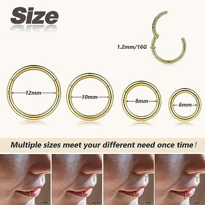 4/5/8 pcs 16G/18G/20G 316L Surgical Steel Hinged Nose Rings Hoops Lip Septum Rings Helix Conch Rook Cartilage Tragus Earrings Piercing Jewelry Black Silver Gold Plated Nose Rings Women Men - color: Gold - 16G (6mm-12mm) - 8PCs