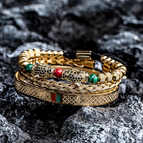 3pcs/set Classical Handmade Braiding Bracelet Hip Hop Men Pave CZ Leopard Head Roman Numeral Bracelet Stainless Steel Jewelry - color: 3pcs S Double Leopard Head Golden