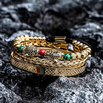 3pcs/set Classical Handmade Braiding Bracelet Hip Hop Men Pave CZ Leopard Head Roman Numeral Bracelet Stainless Steel Jewelry - color: 3pcs S Double Leopard Head Golden