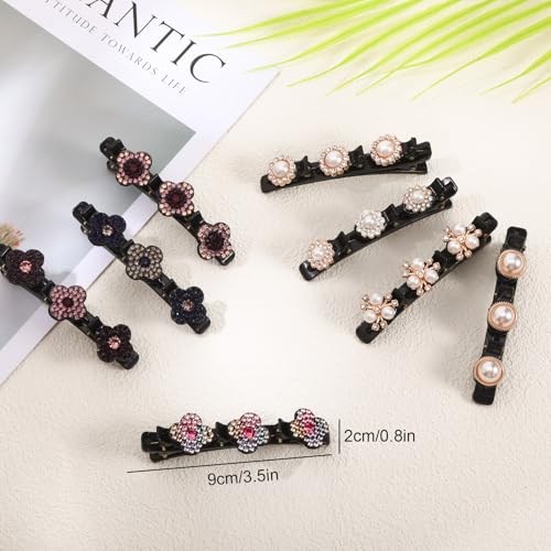 8 Pcs Braided Hair Clips for Women, Sparkling Crystal Stone Pearl Barrette | Rhinestone Duckbill Braid Clips for Women with 3 Small Flower Crystal Hair Accessories Girls Styling Sectioning - color: PURPLE, PINK AND WHITE