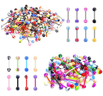 30-200Pcs 14G Surgical Steel Tongue Rings for Women Stainless Steel Nipple Rings Barbell Body Piercing - color: E: 200pcs
