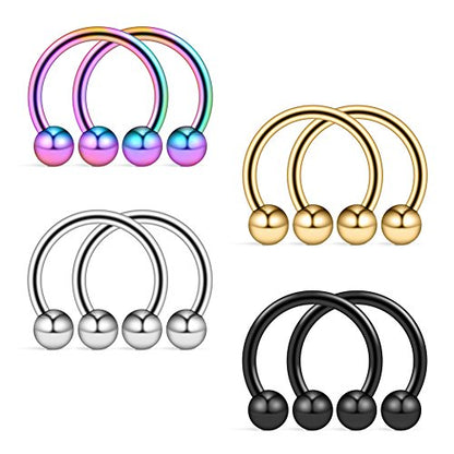 8PCS Assorted Colors Stainless Steel Body Jewelry Ball Eyebrow Ear Navel Belly Lip Piercing Bar Ring 16G 8mm - style: Nose Ring with Balls
