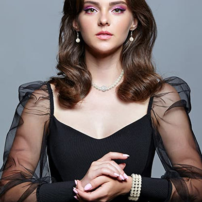Glenmal Pearl Rhinestone Jewelry Set for Women Pearl Necklace Bracelet Earrings for Wedding Halloween Bridal Shower Tea Party - style: Elegant Style