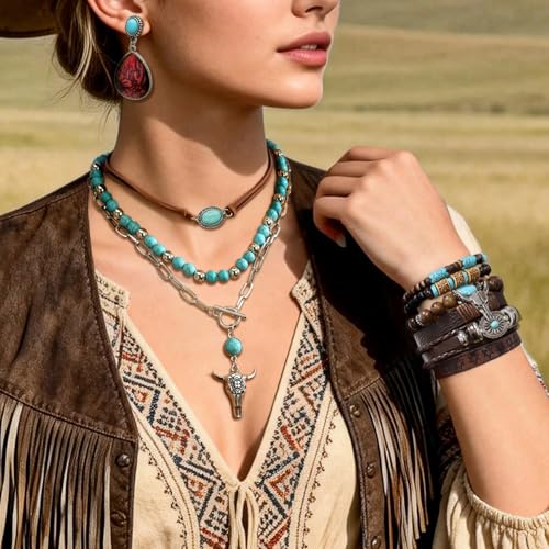 RechicGu Western Jewelry For Women Bohemian Turquoise Dangle Earrings Necklace Bracelet Set, Bullhead Pendant Layered Choker Boho Faux Leather Wristband Country Concert Cowgirl Accessories - color: Jewelry Set D