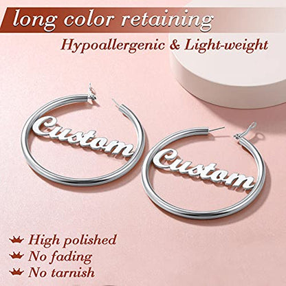 FindChic Hoop Earrings for Women, Silver/Black/14K Gold Plated Hypoallergenic Hollow Round Tube Loop Earrings, 20mm/30mm/40mm/60mm/80mm Chunky Hoops with Custom Name Options & Gift Box - color: e.Silver (Custom Name), size: 40MM