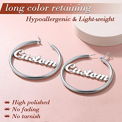 FindChic Hoop Earrings for Women, Silver/Black/14K Gold Plated Hypoallergenic Hollow Round Tube Loop Earrings, 20mm/30mm/40mm/60mm/80mm Chunky Hoops with Custom Name Options & Gift Box - color: e.Silver (Custom Name), size: 80MM