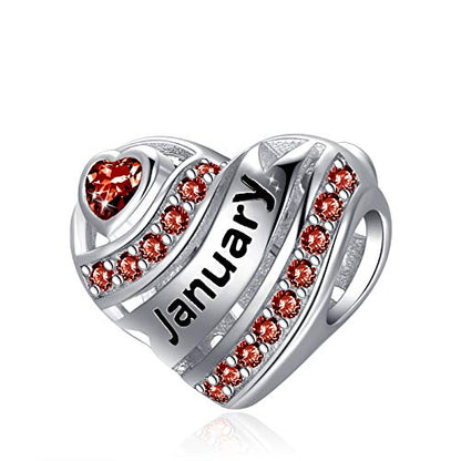 COMORE Birthstone Heart Charms for Charms Bracelet-925 Sterling Silver Love Heart Bead Charms for Bracelets and Necklaces, Birthday Gifts for Women. - style: January