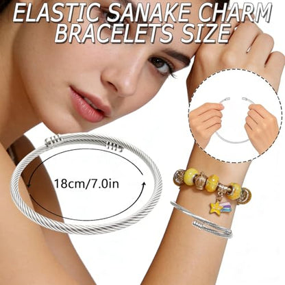 Exway 20 Pcs Elastic charm Bracelet chain Stainless Steel Cable Wire Twisted Cuff Bangle Bracelet Gold And Sliver charm Bracelets Kit for Crafts DIY Women Jewelry Making - color: gold+silver style D, size: 7.0in