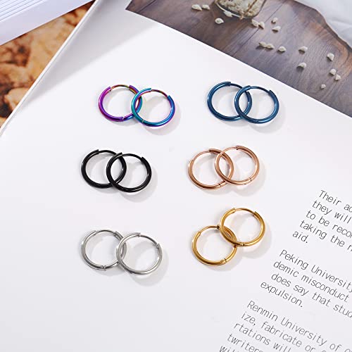 Osayia 316L Surgical Stainless Steel Small Hoop Earrings 8mm 10mm 12mm Hypoallergenic Huggie Thin Hoop Earrings Helix Lobes Hinged Sleeper Earrings Men Women for Cartilage Piercings - color: C: Diameter 12mm (6 Color),6 Pairs