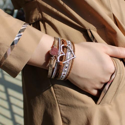 Womens Love Heart Leather Wrap Bracelet Multi-layer Stacked Bangle | Magnetic Clasp Soft PU Leather Resin Stone Rhinestone Boho Style Birthday Valentine Christmas Bohemian Jewelry Gift - color: Brown