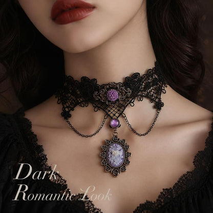 Gothic Lace Choker Necklace for Women Victorian Cameo Pendant Black Floral Collar Jewelry Halloween Costume Accessory Fashion Gift