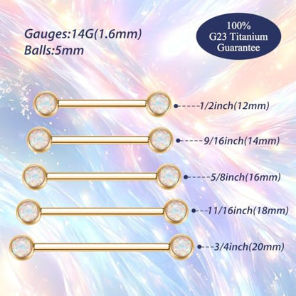FUNLMO 2pcs Nipple Piercing Jewelry Titanium Nipple Rings Internally Threaded Tongue Rings Bridge Piercing Jewelry Nipple Barbells 14G 12-20mm - color: Gold,White Opal