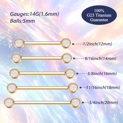 FUNLMO 2pcs Nipple Piercing Jewelry Titanium Nipple Rings Internally Threaded Tongue Rings Bridge Piercing Jewelry Nipple Barbells 14G 12-20mm - color: Gold,White Opal