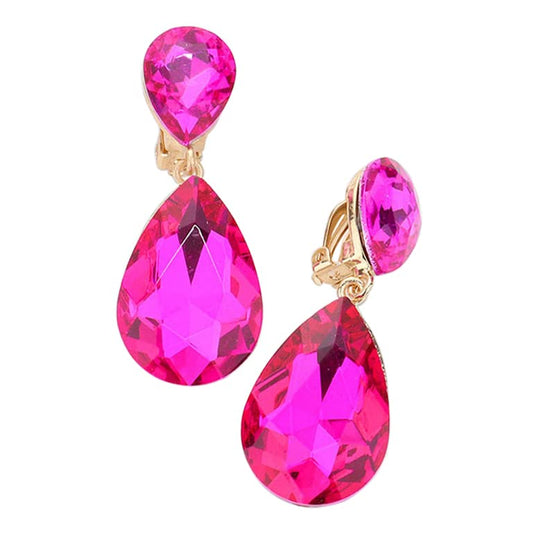 Rosemarie & Jubalee Women's Double Teardrop Statement Glass Crystal Rhinestone Dangle Clip On Bridal Earrings, 2" - color: Fuchsia Pink Gold Tone