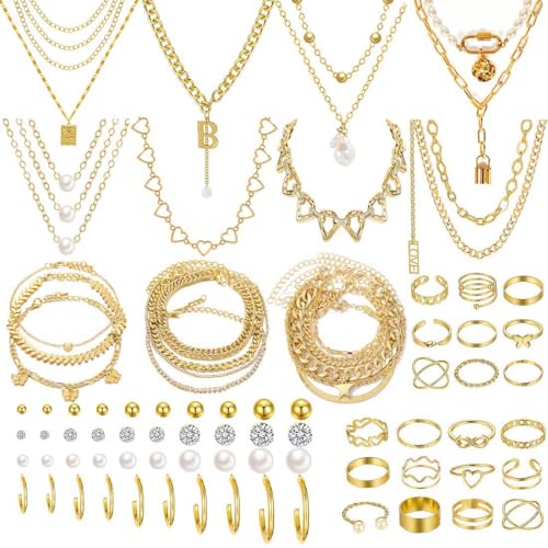KOSMOS-LI 60 PCS Gold Plated Jewelry Sets with Costume Necklaces, Bracelets, Earrings, Knuckle Rings for Women - color: 60gold
