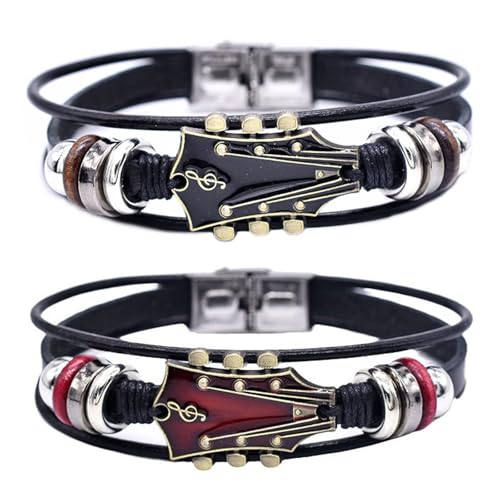 Angyape Retro Faux Leather Guitar Bracelet, Zinc Alloy Rock Music Guitar Leather Bracelet Punk Handmade Braided Multi-Layer Wrap Guitar Shape Decorative Cuff Bracelet Musical Enthusiast Gift - color: Black&Red