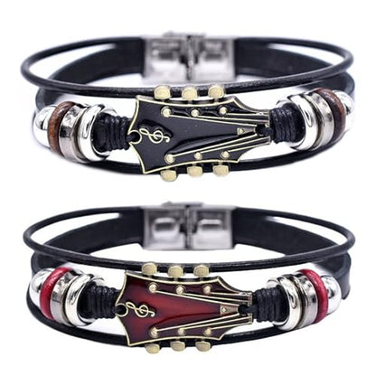 Angyape Retro Faux Leather Guitar Bracelet, Zinc Alloy Rock Music Guitar Leather Bracelet Punk Handmade Braided Multi-Layer Wrap Guitar Shape Decorative Cuff Bracelet Musical Enthusiast Gift - color: Black&Red