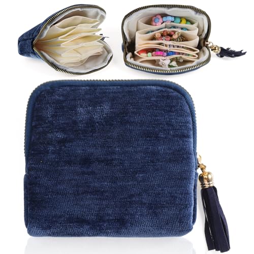 Styquenzer 1 Pack Travel Jewelry Case Organizer, Small Zipper Pouch Bag for Women, Soft Chenille Anti-Scratch Portable Storage + for Earrings Necklace Rings (Dark Blue)