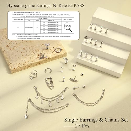 Besteel 27Pcs Flat Back Earrings Hypoallergenic Surgical Steel Stud Earring Stacks Set Dainty Chain Dangle Cartilage Tragus Daith Helix Piercing Jewelry for Women Men Trendy 16G - color: Silver