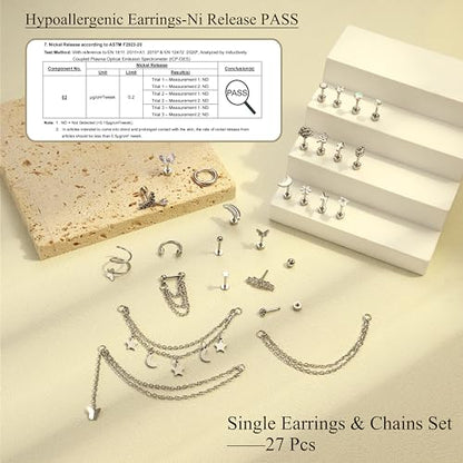 Besteel 27Pcs Flat Back Earrings Hypoallergenic Surgical Steel Stud Earring Stacks Set Dainty Chain Dangle Cartilage Tragus Daith Helix Piercing Jewelry for Women Men Trendy 16G - color: Silver