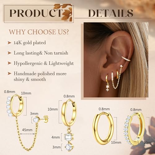 4 Pairs Small Hoop Earrings for Women 14K Gold Plated | Trendy Chain Drop Earrings Set, Hypoallergenic CZ Huggie Hoops, Lightweight Cartilage Earring Stacks - color: 14K Gold Plated-pearl hoop