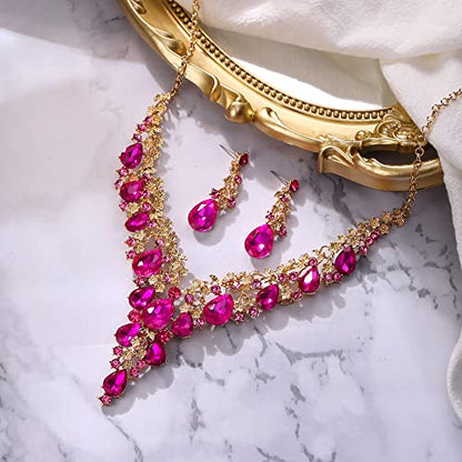 Wedding Bridal Necklace Earrings Jewelry Set for Women | Gorgeous Austrian Crystal Teardrop Flower Cluster for Bridal Bride Bridesmaid - color: 2Pcs-Hot Pink Gold-Tone