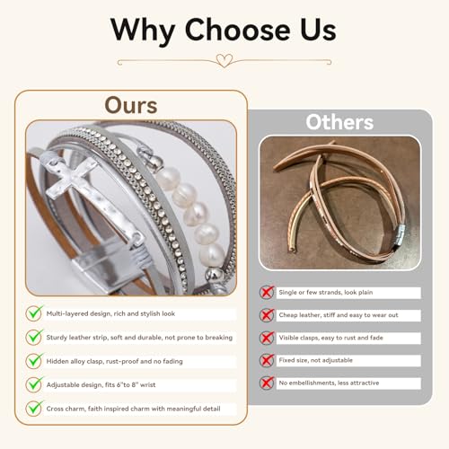 Vercret Leather Wrap Bracelet for Women, Multi-Layer Cuff Bangle | Boho Stacked Bracelets with Safe Clasp Western Bangle Jewelry Gift for Lady and Mom Sister Friend - style: Sliver