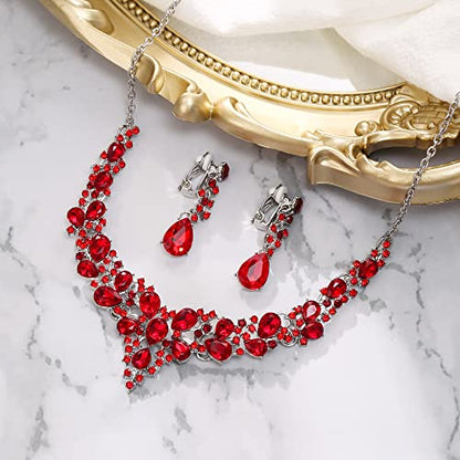 Wedding Statement Necklace Clip-on Earrings Jewelry Set | Sparkling Austrian Crystal Teardrop Cluster for Party Prom Accessories - color: 06-Ruby Color Silver-Tone