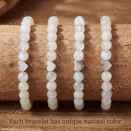 Bivei Crystal Stretch 6mm Bracelets for Women | Handmade Natural Stone Beaded Stretch Bracelet, Stainless Steel Heart Bead, Tranquility Yoga Gift Jewelry for Women - color: Moonstone - Receptive