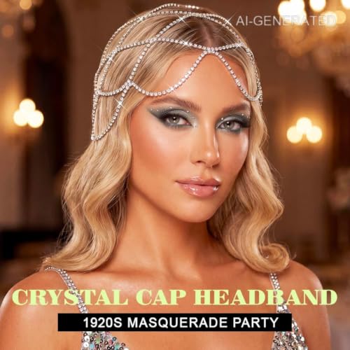 Rhinestone Head Chain 1920s Mesh Flapper Headpiece for Women | 20s Cap Roaring Hair Accessories,Bling Crystal Wedding Prom Head Jewelry