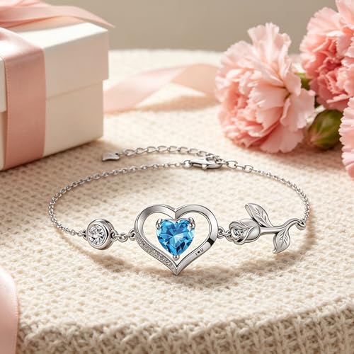 1CT Rose Heart Birthstone Bracelet for Women Love Gift - style: 03/12-Mar/Dec Light Blue Silver