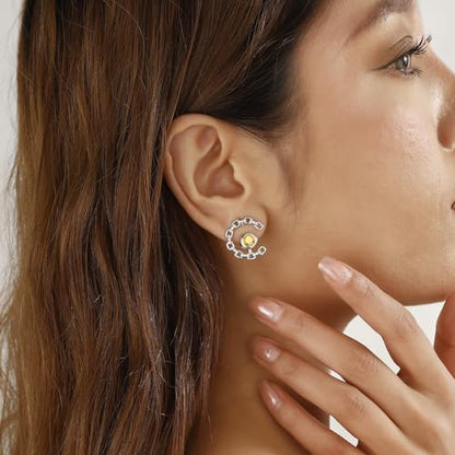 Elegant C-Shaped Crystal Stud Earrings with Birthstone Earring Silver Plated Fashion Jewelry for Women CE0003 - color: Yellow-November