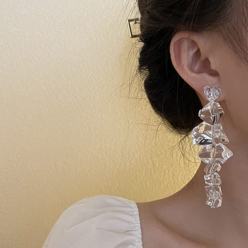 Large Clear Crystal Tassel Earrings for Women, 18K Gold Plated Posts, Geometric Chandelier Acrylic Drop Earrings, Oversized Transparent Cluster Dangles for Wedding, Party, Prom, Statement Jewelry