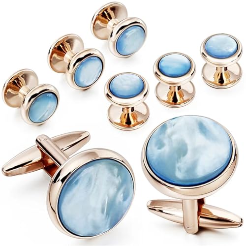 Elegant Mother-of-Pearl Cufflink & Stud Set for Men - Trendy Round Design for Weddings, Parties, and Ceremonies - color: Light Blue