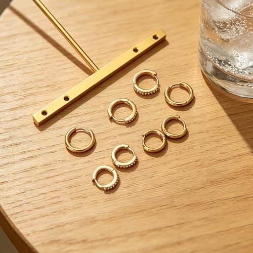 Stainless Steel Stud Earrings Set for Women Hypoallergenic Flat Back Cartilage Earrings Screw Back Huggie Hoop Earrings Multiple Piercing Cubic Zirconia Helix Tragus Jewelry - color: Set-B-14K Gold Plated