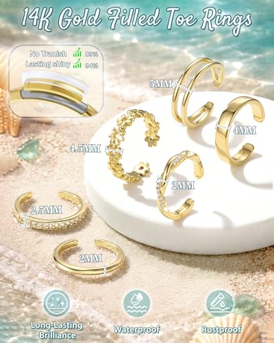 Besteel 6 PCS Toe Rings for Women - 14K Gold Filled Non Tarnish Waterproof | Adjustable Silver Toe Ring Simple Open Band Hug CZ Chunky Flower Toe Rings Set Trendy Summer Beach Foot Jewelry for Women - style: Gold: twist&flower toe ring