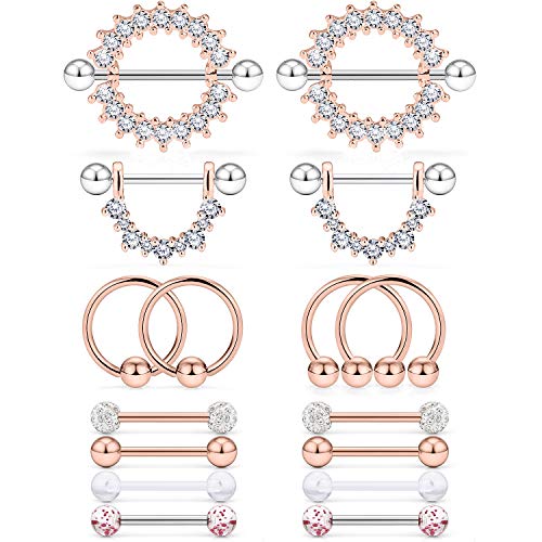 Cisyozi 16G 14G Nipple Piercing Jewelry Tongue Rings Hypoallergenic Surgical Steel Screw Nipple Tongue Shield Ring Barbell Body Piercing Jewelry Retainer for Women 9/16 Inch 14mm - color: I:8Pairs-16g(1.2mm)-Rose Gold