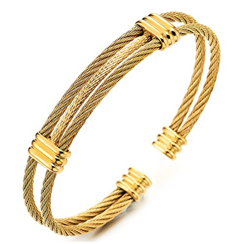 COOLSTEELANDBEYOND Men Women Stainless Steel Twisted Cable Adjustable Cuff Bangle Bracelet - color: L-Metal Color: Gold