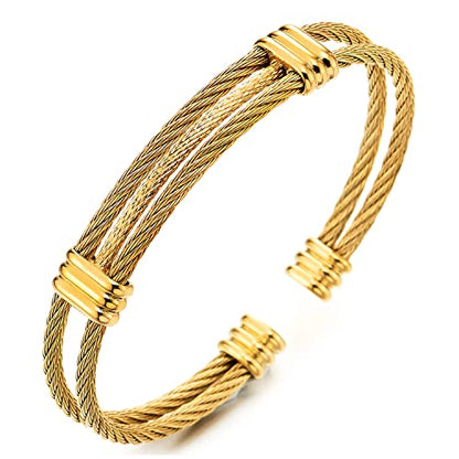COOLSTEELANDBEYOND Men Women Stainless Steel Twisted Cable Adjustable Cuff Bangle Bracelet - color: L-Metal Color: Gold