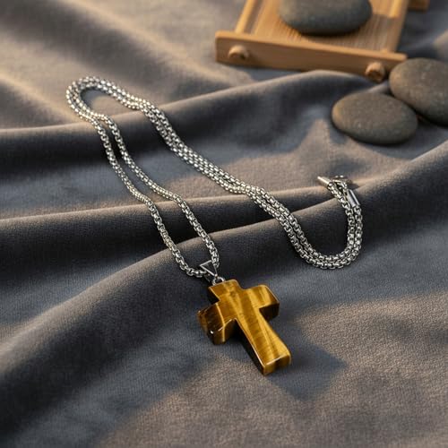 Justinstones 32mm Gemstone Carved Cross Reiki Chakra Pendant With Stainless Steel Necklace 22 Inch - color: Golden Tiger Eye