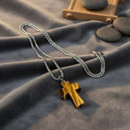 Justinstones 32mm Gemstone Carved Cross Reiki Chakra Pendant With Stainless Steel Necklace 22 Inch - color: Golden Tiger Eye